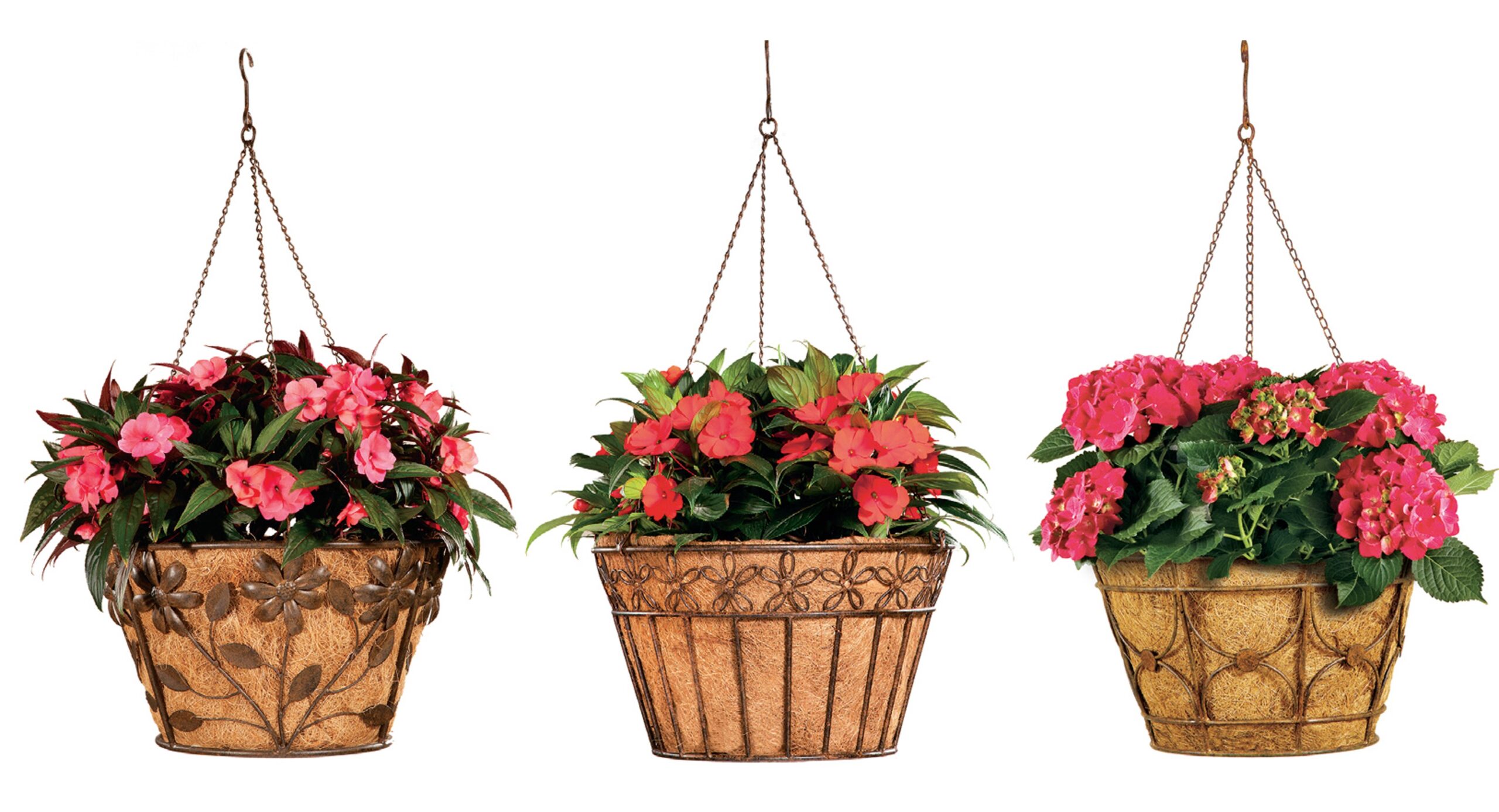 Deer Park Ironworks 16" Floral, Daisy, and Arch Hanging Baskets w/ Coco Liner - Set of 3