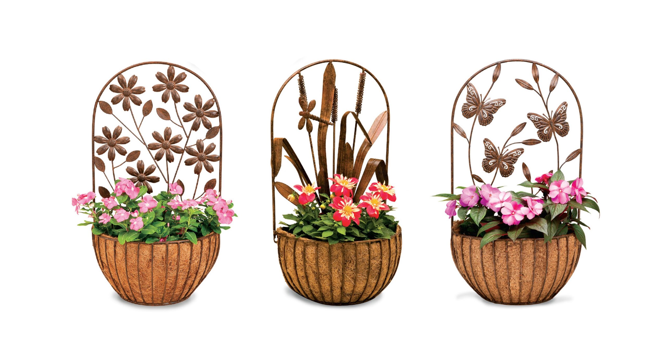 Deer Park Ironworks Floral, Dragonfly, and Butterfly Wall Baskets w/ Coco Liner - Set of 3